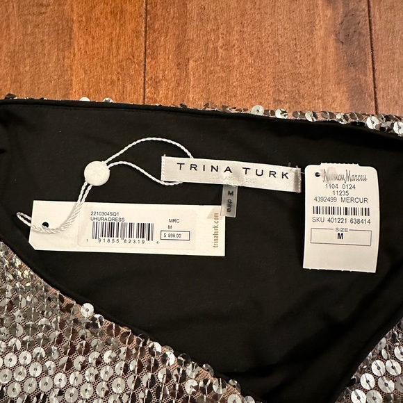 Trina Turk Silver Uhura Sequin Dress with Feather Hem Sz M - Picture 12 of 16